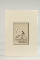 A 19TH CENTURY INDIAN MINIATURE PAINTING, depicting a lady in the wilderness with deer, image 21cm x