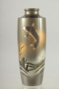 A JAPANESE MIXED METAL / BRASS VASE, with sprayed and engraved decoration depicting a carp, 18cm