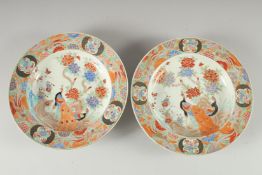 A PAIR OF CHINESE POLYCHROME PORCELAIN PLATES, with enamel painted decoration depicting a peacock