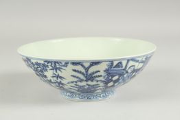 A CHINESE BLUE AND WHITE PORCELAIN BOWL, decorated with figures, the base with character mark,