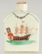 A CHINESE EXPORT PORCELAIN TEA CADDY, painted with European subject; British ship to each side, 11.