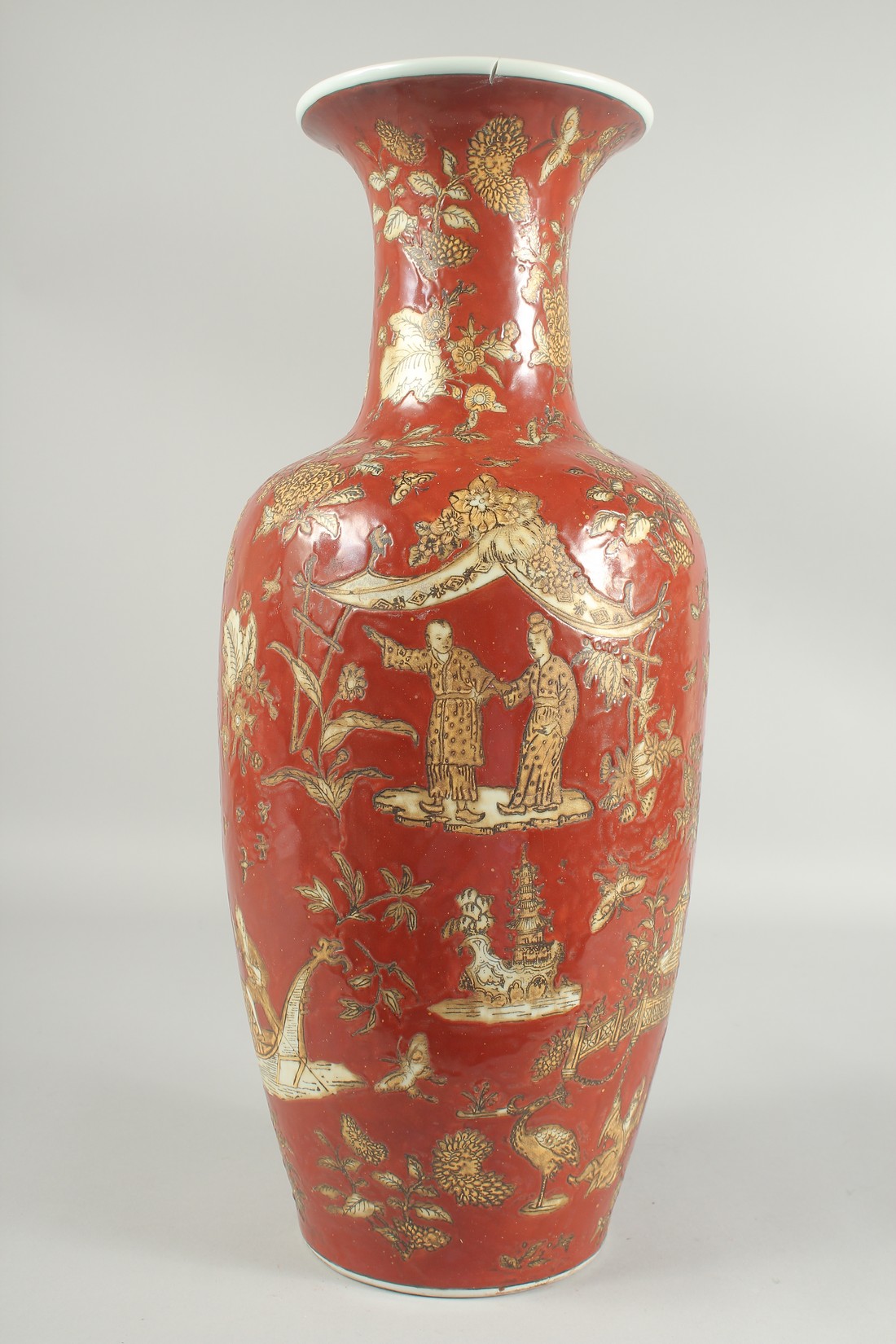 A LARGE CHINESE RED GLAZE PORCELAIN VASE, decorated with figures on a boat as well as pagodas and - Image 4 of 6