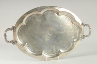 A FINE SIGNED IRAQI NIELLO SILVER TWIN HANDLED TRAY, stamped to the centre, 53cm x 32cm.