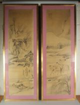 A LARGE PAIR OF CHINESE PAINTINGS ON SILK, depicting figures on horseback approaching a waterfall,