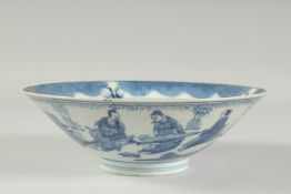 A CHINESE BLUE AND WHITE PORCELAIN BOWL, painted with numerous figures, the base with character