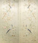 A VERY LARGE AND IMPRESSIVE PAIR OF EARLY 20TH CENTURY CHINESE SILK PANELS, finely decorated with