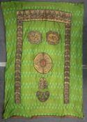 A VERY LARGE OTTOMAN ISLAMIC GREEN SILK AND METAL-THREADED MOSQUE CURTAIN / DOOR HANGING, with
