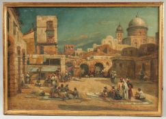 AN ORIENTALIST OIL ON CANVAS PAINTING OF A NORTH AFRICAN STREET SCENE, signed F.G, framed, unglazed,