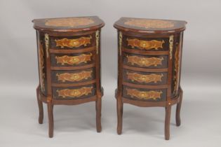 A PAIR OF FRENCH STYLE MAHOGANY, WALNUT MARQUETRY AND ORMOLU BOW FRONT FOUR DRAWER BEDSIDE CHESTS.