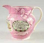 A GOOD SUNDERLAND PINK LUSTRE "MARINER'S ARMS" JUG, the sides with two poems. 9ins high.