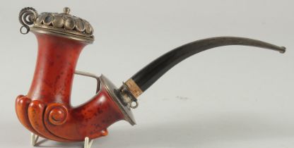 A GOOD 18TH CENTURY GERMAN MEERSCHAUM PIPE, good colour, with carved scrolling and silver mounts.