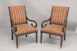 A PAIR OF WILLIAM IV DESIGN MAHOGANY FRAMED OPEN ARMCHAIRS with scrolling arms on reeded turned