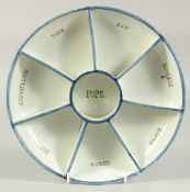 A RARE EARLY 19TH CENTURY PEARLWARE DISH SHAPED POPE JOHN GAMING DISH with centre segments, Pope and