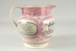 A GOOD SUNDERLAND PINK LUSTRE "CAST IRON BRIDGE" JUG, the sides with two poems. 8.75ins high.