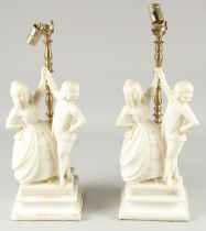 A GOOD PAIR OF WHITE MARBLE LAMPS as a gallant and a lady dancing. 22ins high overall.