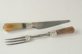 A 17TH - 18TH CENTURY KNIFE AND FORK with agate handles.
