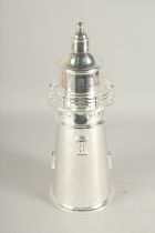 A SILVER PLATED LIGHTHOUSE COCKTAIL SHAKER. 14ins high.