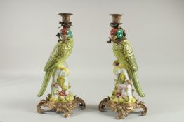 A GOOD PAIR OF PARAKEET CANDLESTICKS with fruit in relief on gilt bases.