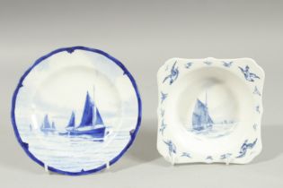 A ROYAL CROWN DERBY SQUARE SHAPED BOWL painted with sailing vessels by W.E.J.DEAN. Signed and a