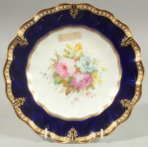 A ROYAL CROWN DERBY PLATE having an undulating border, jewelled on a cobalt blue border, painted