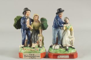A PAIR OF STAFFORDSHIRE POTTERY GROUPS. The Sailor's Return and Departure. 9ins high.
