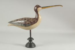 A CARVED WOOD DECOY CURLEW on a stand. 12ins high.