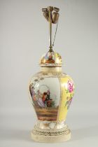 A GOOD DRESDEN DESIGN YELLOW GROUND PORCELAIN LAMP. 18ins high.