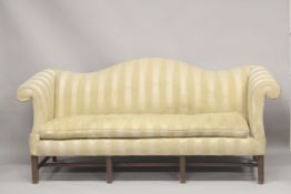 A GEORGE III DESIGN, HUMP BACK, SCROLL ARM SETTEE, on stretchered moulded, square legs. 7ft long x