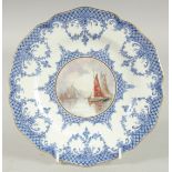 A ROYAL CROWN DERBY PLATE the centre painted in colour with sailing vessels by W.E.J. DEAN..