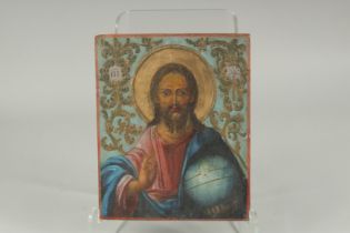 A 19TH CENTURY RUSSIAN ICON "CHRIST SAVIOUR OF THE WORLD" 23cm x 20cm x 2cm