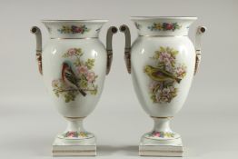 A GOOD PAIR OF SEVRES DESIGN WHITE GROUND PORCELAIN TWO HANDLED VASES painted with birds on square