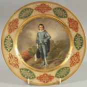 A 19TH CENTURY VIENNA PORCELAIN PLATE with jewelled raised gilt border, beautifully painted with '