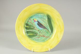 A YELLOW GROUND CIRCULAR PORCELAIN PLATE with a bird. Signed on reverse and dated '91. 9.5ins