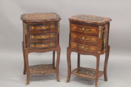 A PAIR OF FRENCH STYLE MAHOGANY, WALNUT MARQUETRY AND ORMOLU THREE DRAWER BEDSIDE CHESTS with