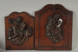 TWO GOOD ARCHED TOP PANELS carved with apostles in relief. 21ins x 15.5ins & 16ins x 12ins.