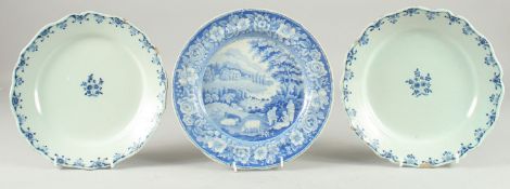 A PAIR OF 18TH CENTURY BLUE AND WHITE PLATES, 9.75ins diameter and A RILEYS LANCASHIRE PLATE,