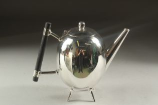 A CHRISTOPHER DRESSER STYLE OVAL SHAPED SILVER PLATED TEA POT..