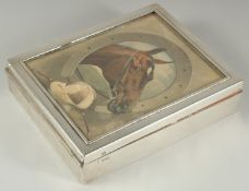 A GOOD LARGE THREE DIVISION SILVER CIGAR BOX the lid with a panel of a horses's head, jockey cap and