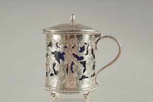 A CONTINENTAL SILVER MUSTARD POT with sapphire blue liner. Import mark for 1892
