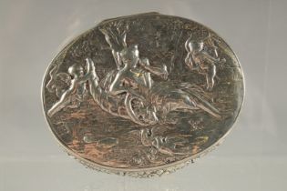 A DUTCH SILVER OVAL HINGED BOX AND COVER chased with cherubs and angelic figures. 4.5ins x 3ins.