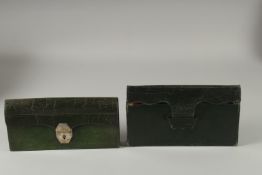 TWO GREEN LEATHER FILES / WALLETS.