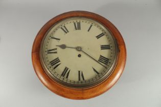 A VICTORIAN MAHOGANY CASED FUSEE WALL CLOCK. 11ins high.