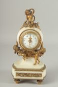 A SMALL 19TH CENTURY FRENCH MARBLE AND ORMOLU DRUM CLOCK mounted with three cupids. 8ins high.