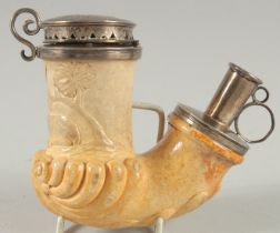 A GOOD GERMAN MEERSCHAUM AND SILVER MOUNTED PIPE carved with a deer, the silver mount engraved "W