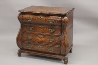 AN 18TH CENTURY, DUTCH MARQUETRY, SHAPED FRONT COMMODE with four long shaped graduated drawers