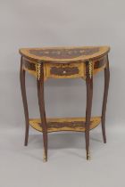 A LOUIS XVTH DESIGN INLAID HALF MOON TABLE with single drawer (A/F) 2ft 4ins high.