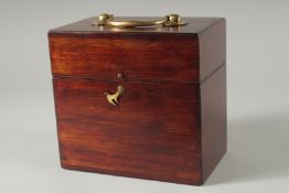 A GOOD MAHOGANY APOTHECARY BOX with nine glass bottles, label inside, with brass carrying handles.