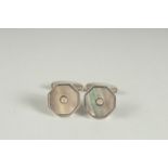 A PAIR OF STERLING SILVER MOTHER OF PEARL AND DIAMOND CUFF LINKS.