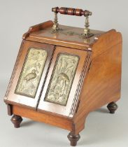 A GOOD VICTORIAN MAHOGANY FOLDING COAL BUCKET with metal panels of birds.