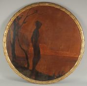A. J. ROWLEY. CIRCA. 1900. ALONE BY THE LAKE. A SUPERB WOODEN CIRCULAR PICTURE a standing nude